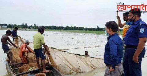 আজমিরীগঞ্জ কাকাইলছেও ইউনিয়নে কালনী নদীতে জাল জব্দ ও ধ্বংস