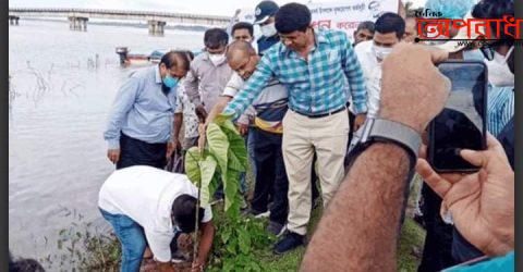 তাহিরপুরে ফসল রক্ষা বাঁধে গাছের চারা রোপণ করলেন সিনিয়র সচিব