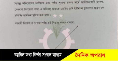 সেনবাগে যুবদলের ইউনিয়নের আহবায়ক কমিটি ঘোষনার পর ঘোষিত কমিটি স্থগিত 